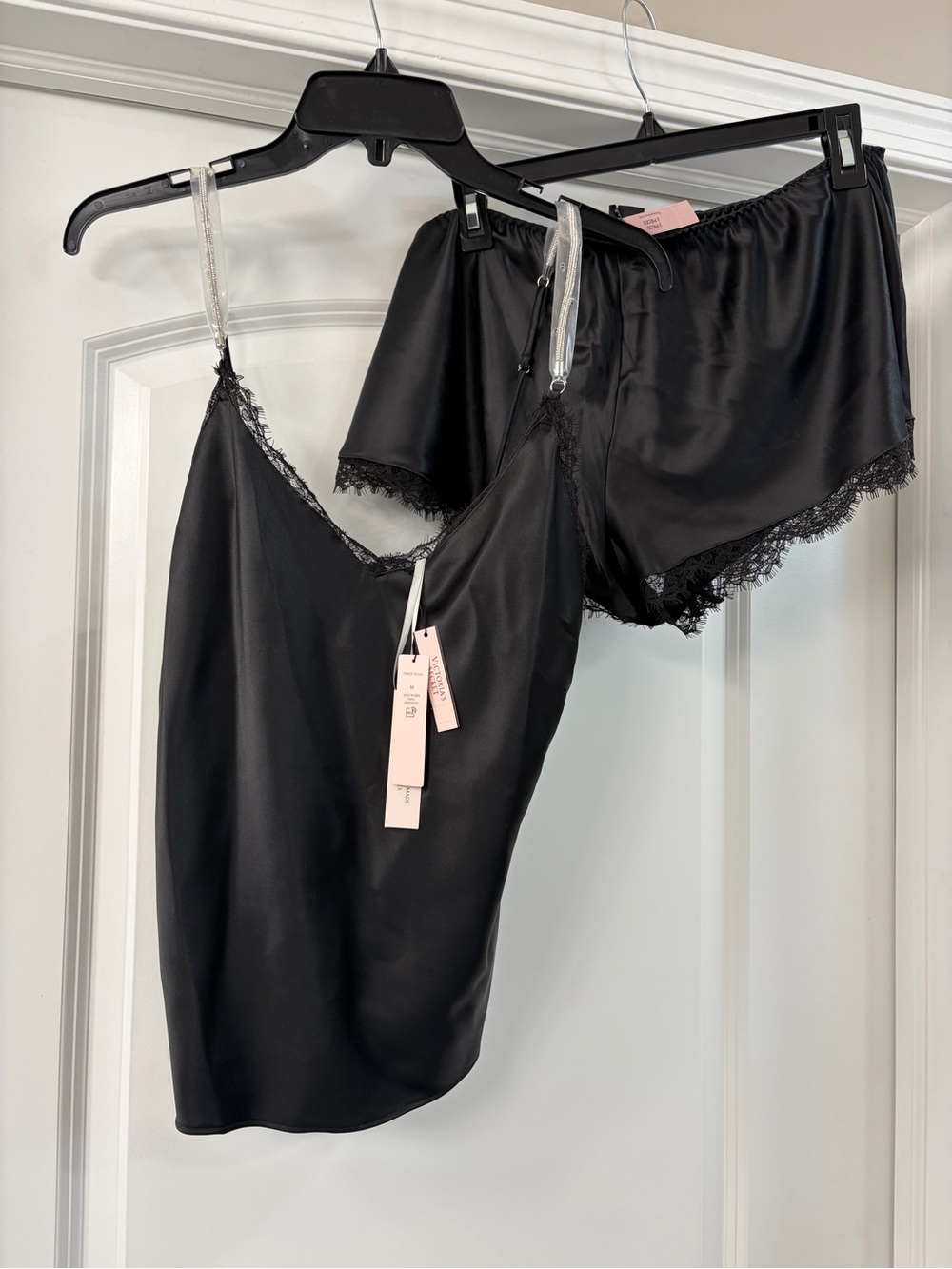 Victoria's Secret NWT Black Satin Camisole & Shorts Set /lace /rhinestones SZ M